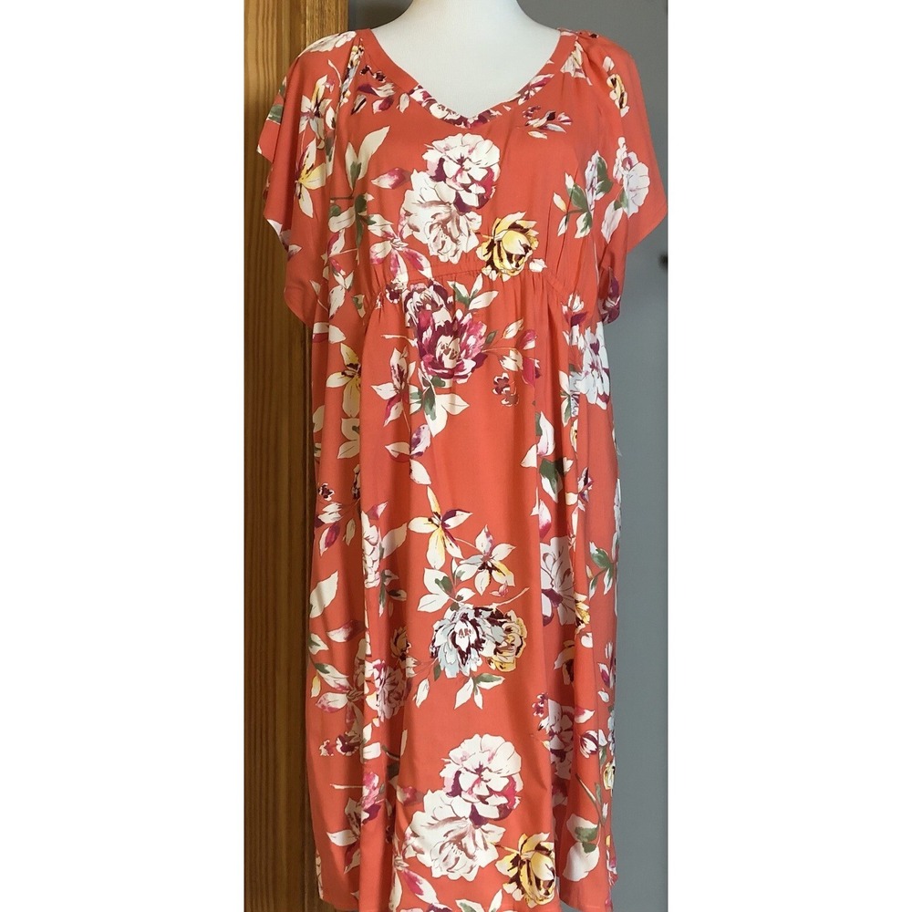 A:Glow Floral Chiffon Maternity Dress L Orange Rayon Short Sleeve Cottagecore